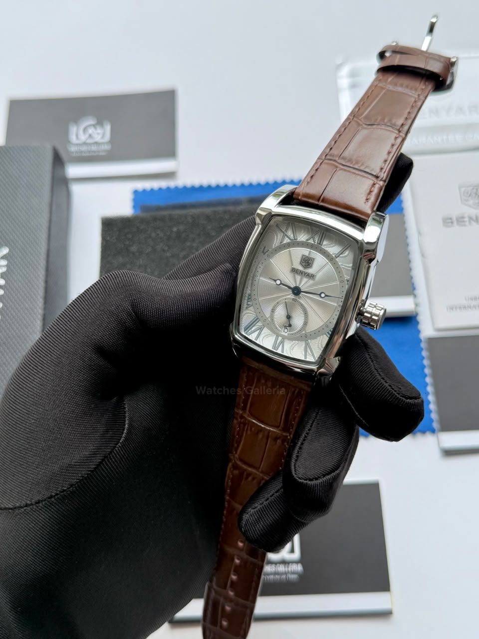 Benyar BY5114 Square Tank Watch in Pakistan – Brown Silver White Elegant Quartz Leather Strap Men’s Dress Watch