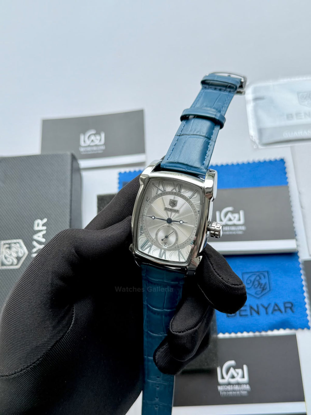Benyar BY5114 Square Tank Watch | Blue Silver White | Roman Numeral Dial Master Lock Quartz Date Calendar Leather Strap