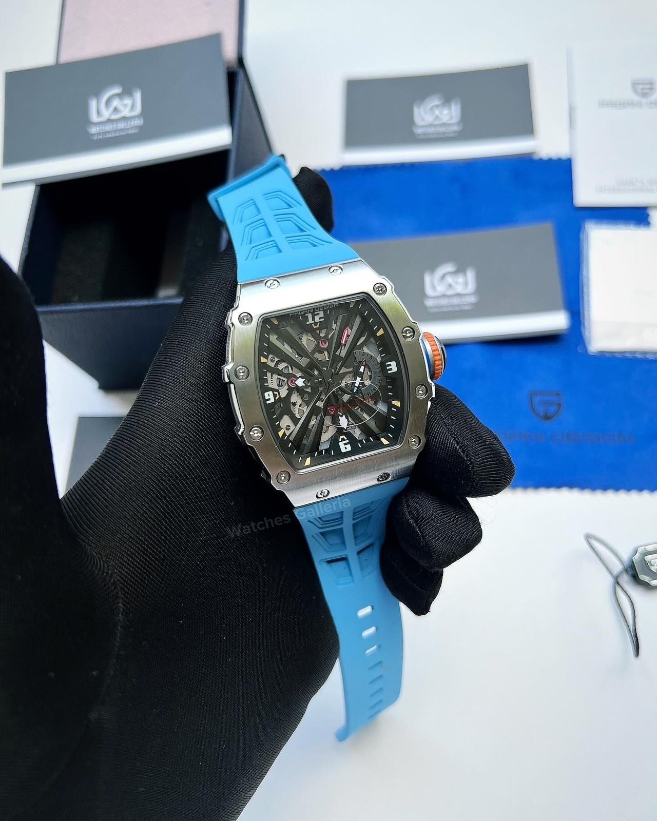 Pagani Design Tonneau Skeleton Watch Quartz (Blue Silver) PD1738 Watches Galleria