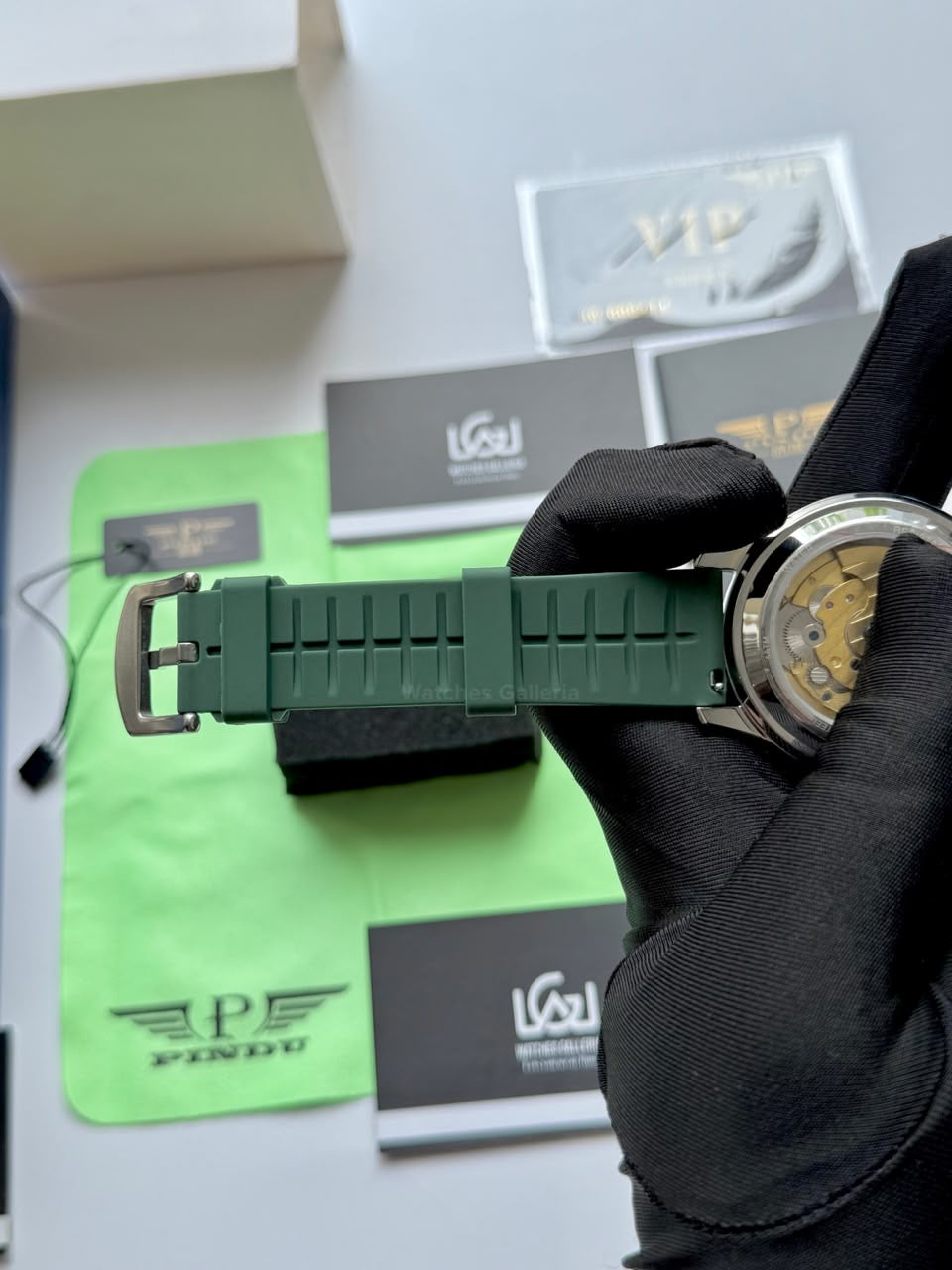 Pindu 5037 Green/Green Silicon LeatherDiamonds Hand Encrusted Diamond Automatic Tourbillon Watch for Men | Luxury Mechanical Watch | 43mm Stainless Steel Case
