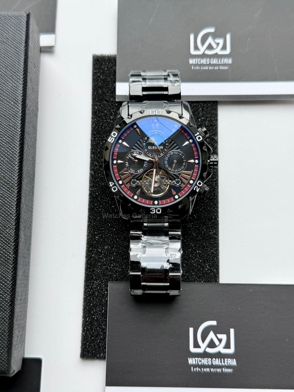 Glenaw GL8919B Moonphase Flywheel Automatic Watch – Black Blue Dial | Luxury Automatic Wristwatch for Men | Glenaw Watches Pakistan