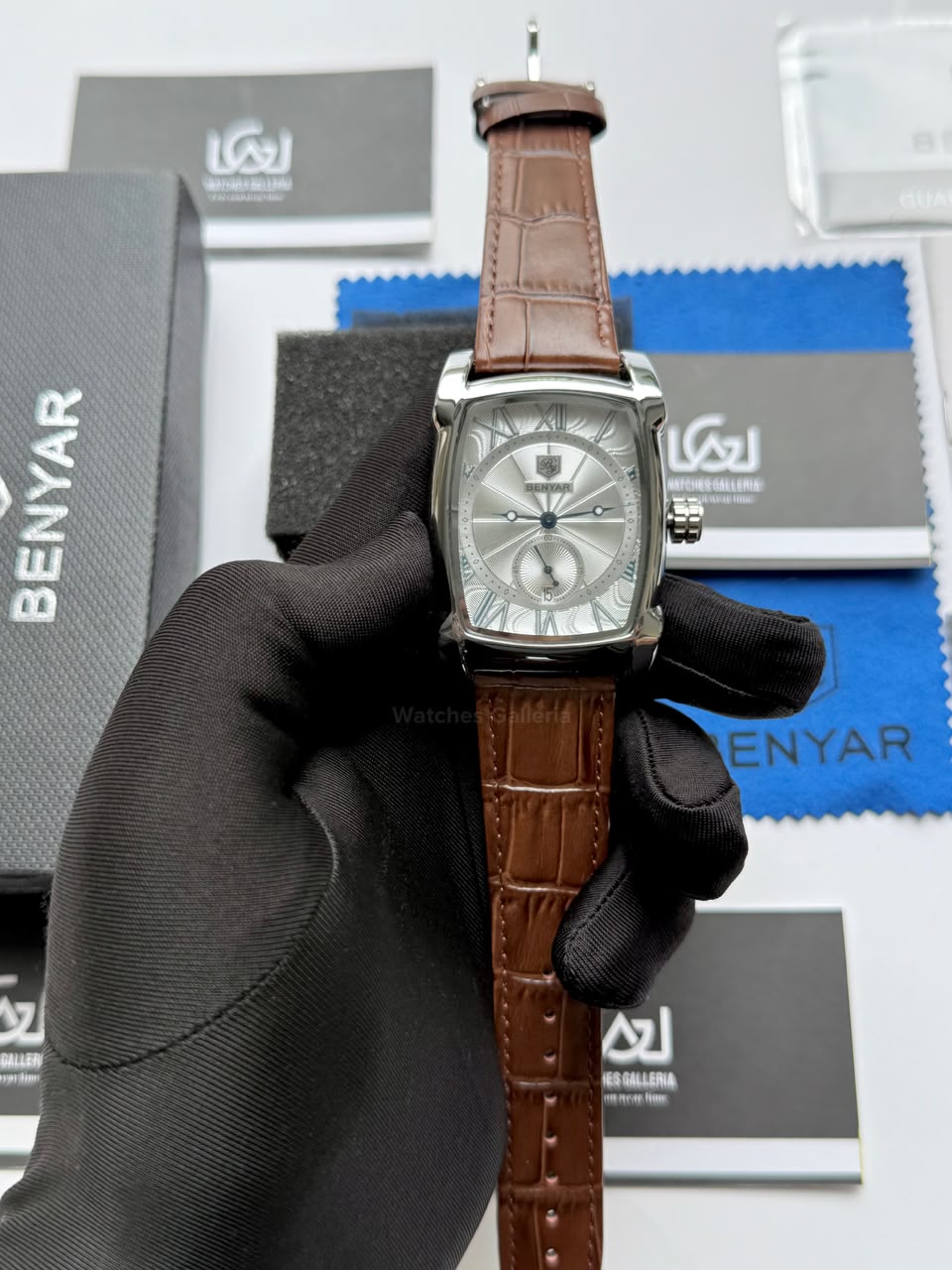 Benyar BY5114 Square Tank Watch in Pakistan – Brown Silver White Elegant Quartz Leather Strap Men’s Dress Watch