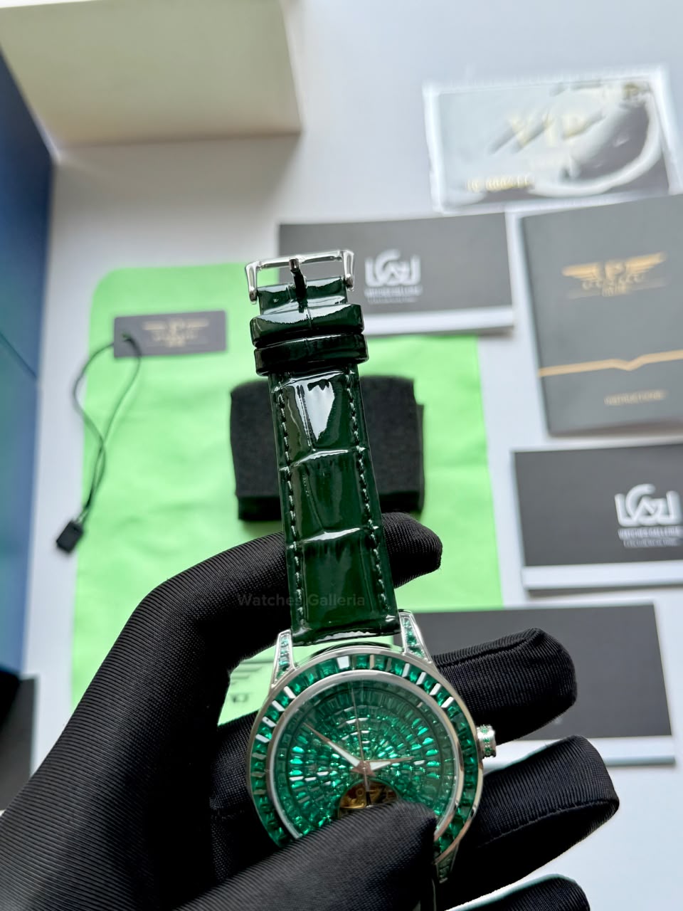 Pindu 5037 Green Diamonds Hand Encrusted Diamond Automatic Tourbillon Watch for Men | Luxury Mechanical Watch | 43mm Stainless Steel Case