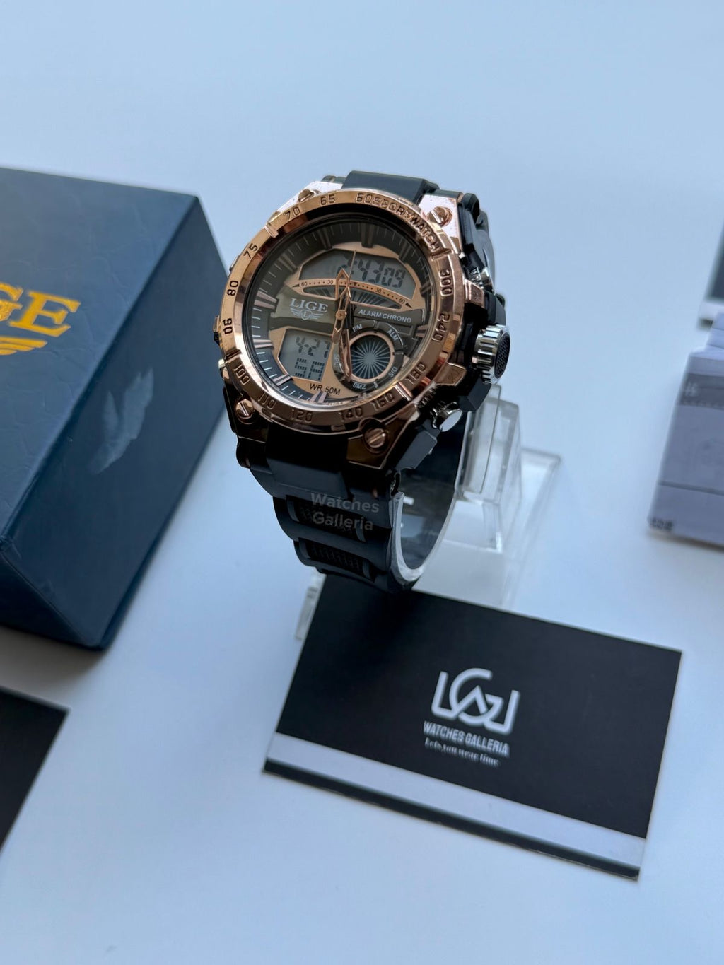 Lige 8922 Sports Watch Rose Gold Black 45mm Dual Display Analog Digital LED Alarm Waterproof 50M Silicone Strap Men’s Watch