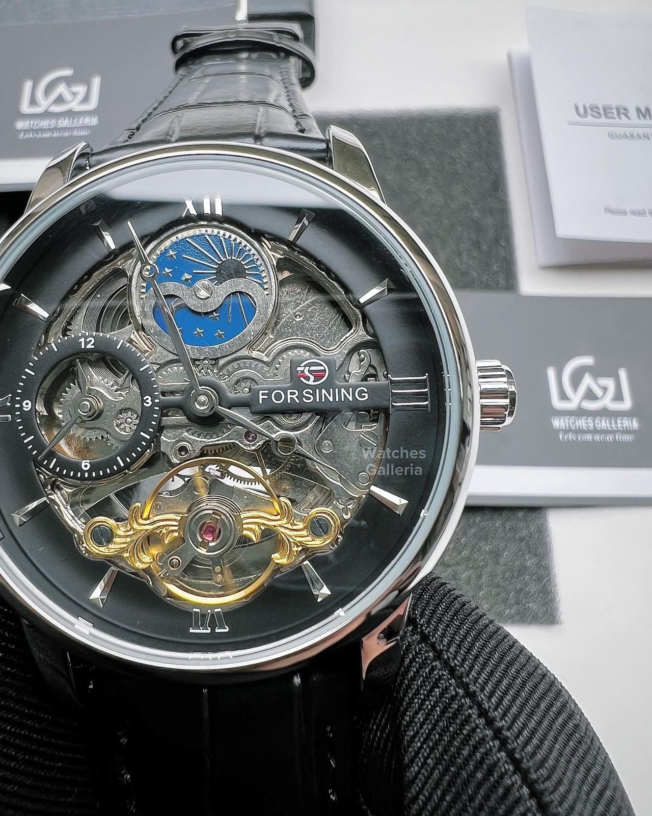 Forsining Moonphase Skeleton Automatic Watch (Silver/Black) FS112