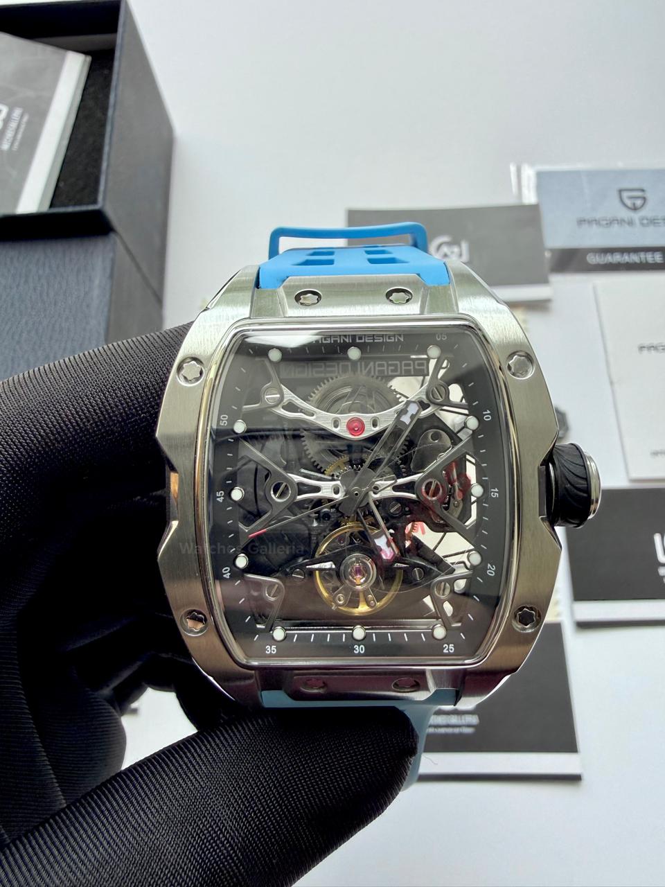 Pagani Design PDYS018 Ice Blue Tonneau Skeleton Silver Ice Blue Automatic Watch | Sapphire Crystal | SX5021 Movement | 50M Waterproof | Pakistan
