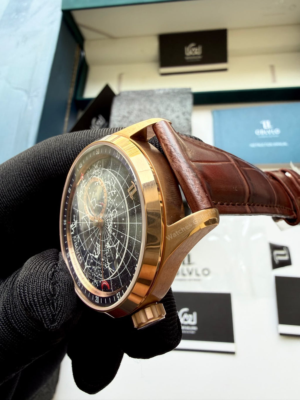 OBLVLO GC (Brown Rose Gold Blue) Grand Complications Celestial Automatic Watch Brown & Black Dial with Rose Gold Details, Moving Constellation & Earth Display – OBLVLOGC | Oblvlo