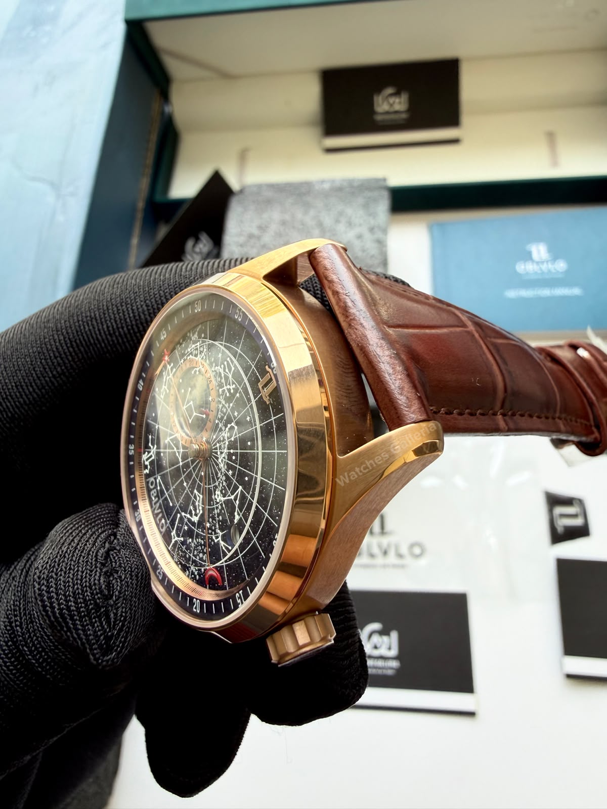 OBLVLO GC (Brown Rose Gold Blue) Grand Complications Celestial Automatic Watch Brown & Black Dial with Rose Gold Details, Moving Constellation & Earth Display – OBLVLOGC | Oblvlo