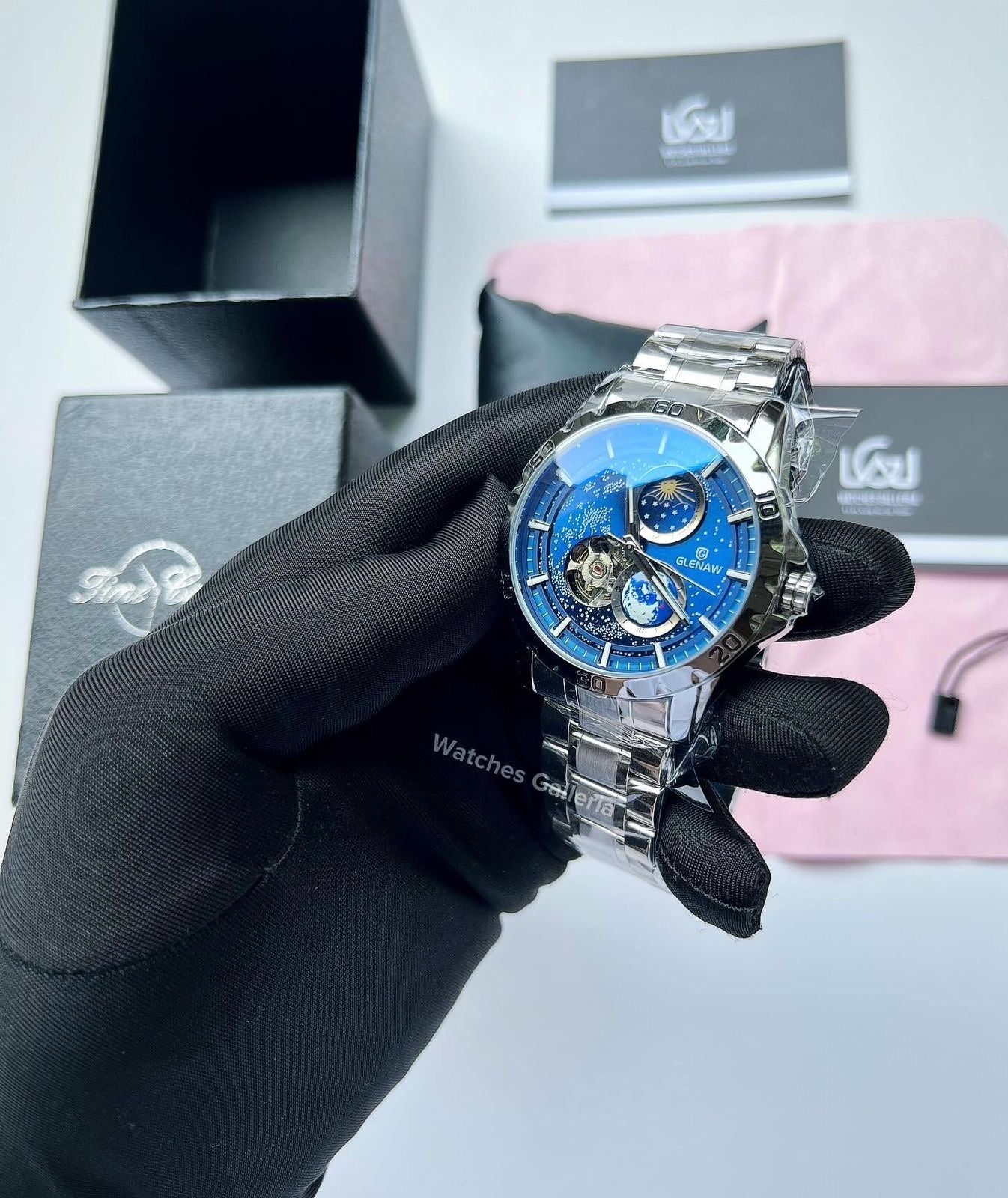 Glenaw Automatic Open Heart & Earth Rotating (Silver) GL8950 Watches Galleria