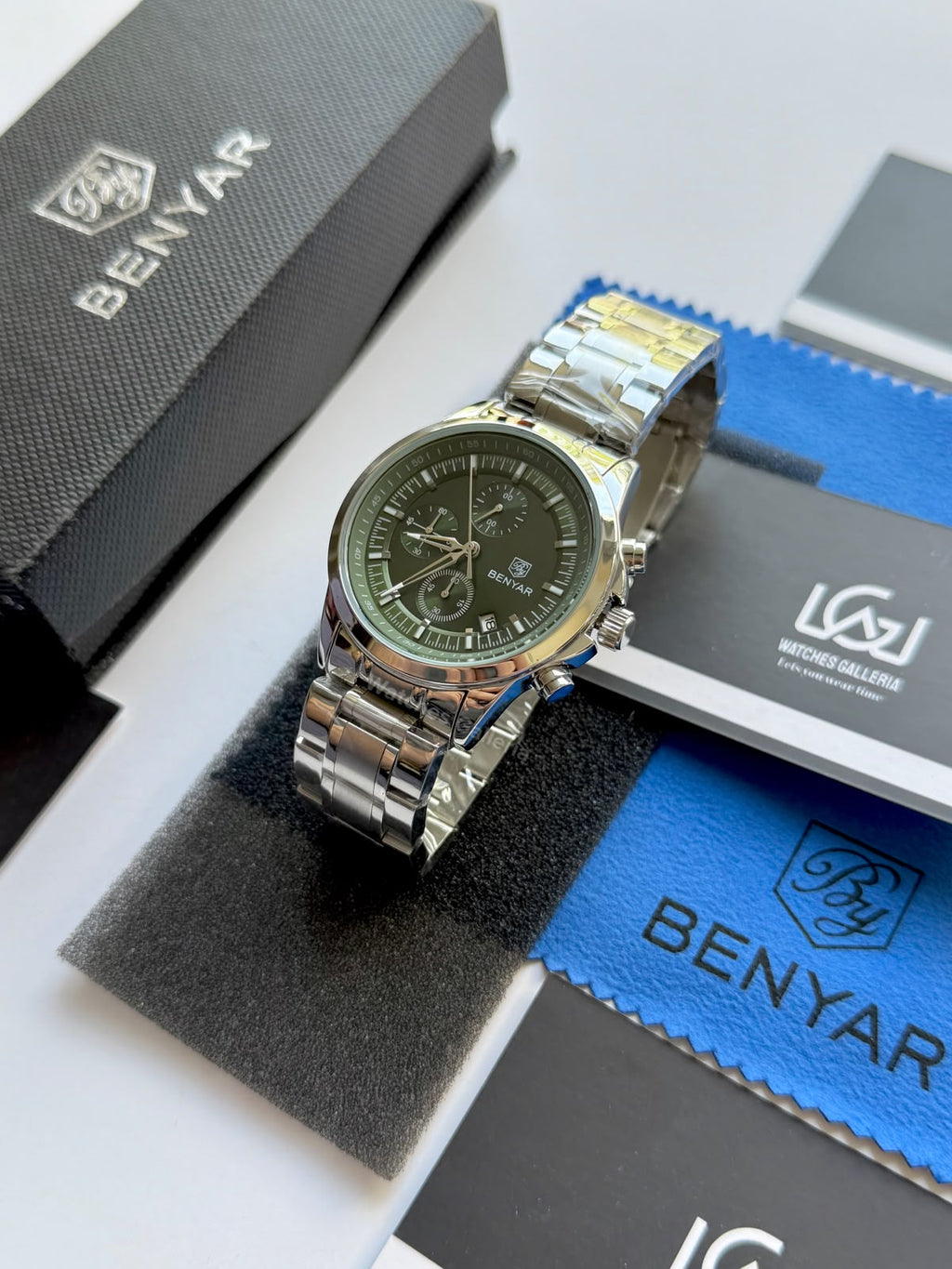 Benyar BY5210 (Green SS) Pilot Chronograph Green Dial Stainless Steel Watch – 42mm Quartz Chronograph with Date, Complete Calendar & Stopwatch