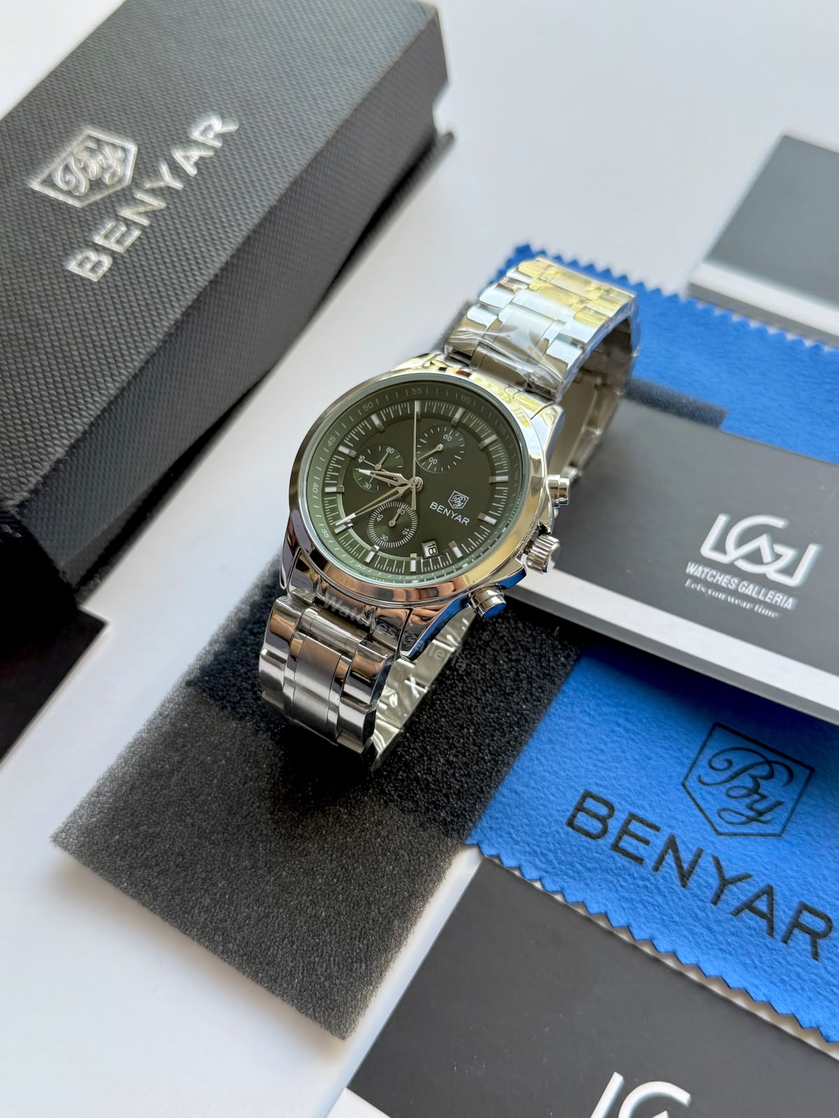 Benyar BY5210 (Green SS) Pilot Chronograph Green Dial Stainless Steel Watch – 42mm Quartz Chronograph with Date, Complete Calendar & Stopwatch