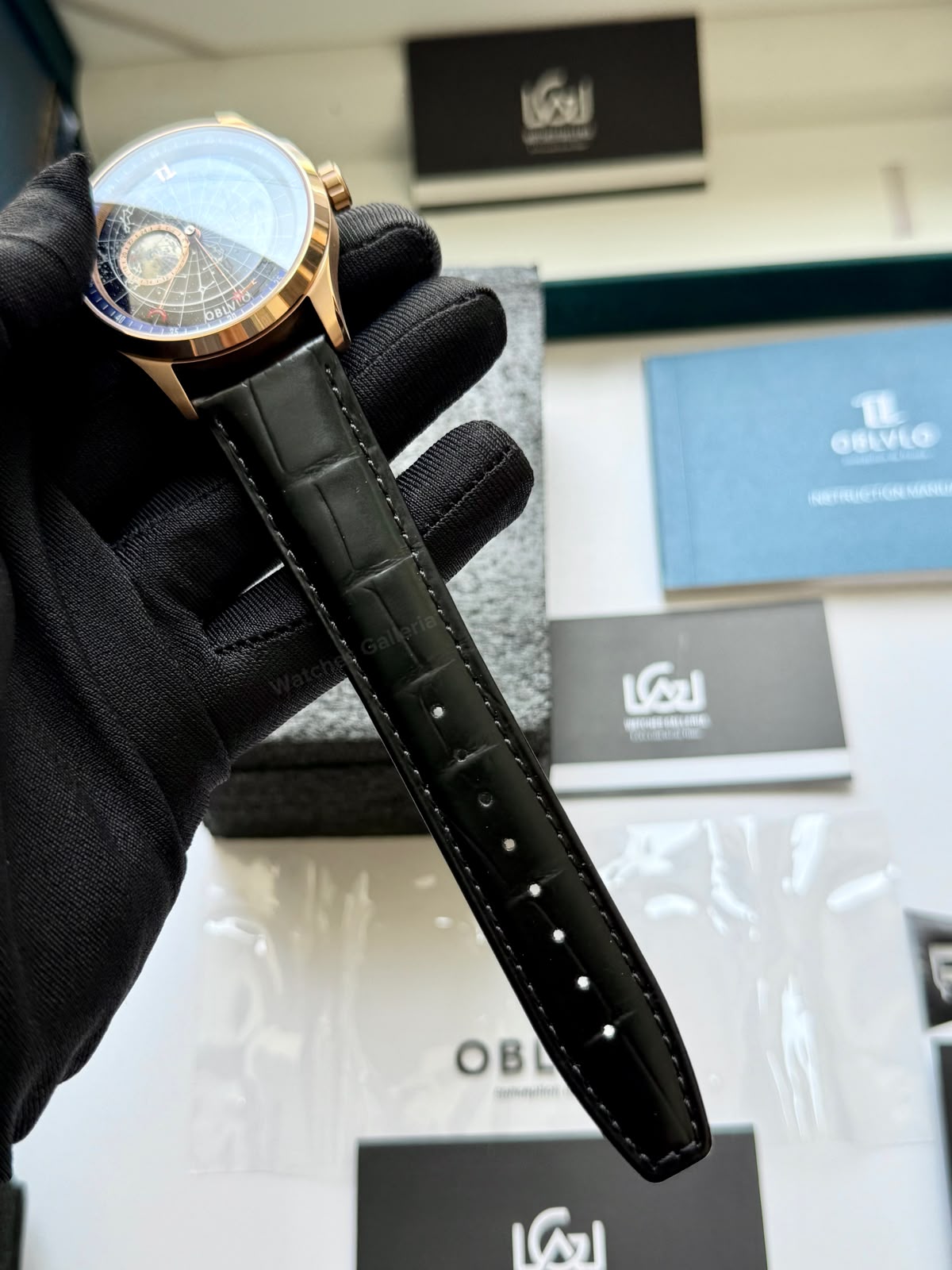 OBLVLO GC (Black Rose Gold Blue) Grand Complications Celestial Automatic Watch Brown & Black Dial with Rose Gold Details, Moving Constellation & Earth Display – OBLVLOGC