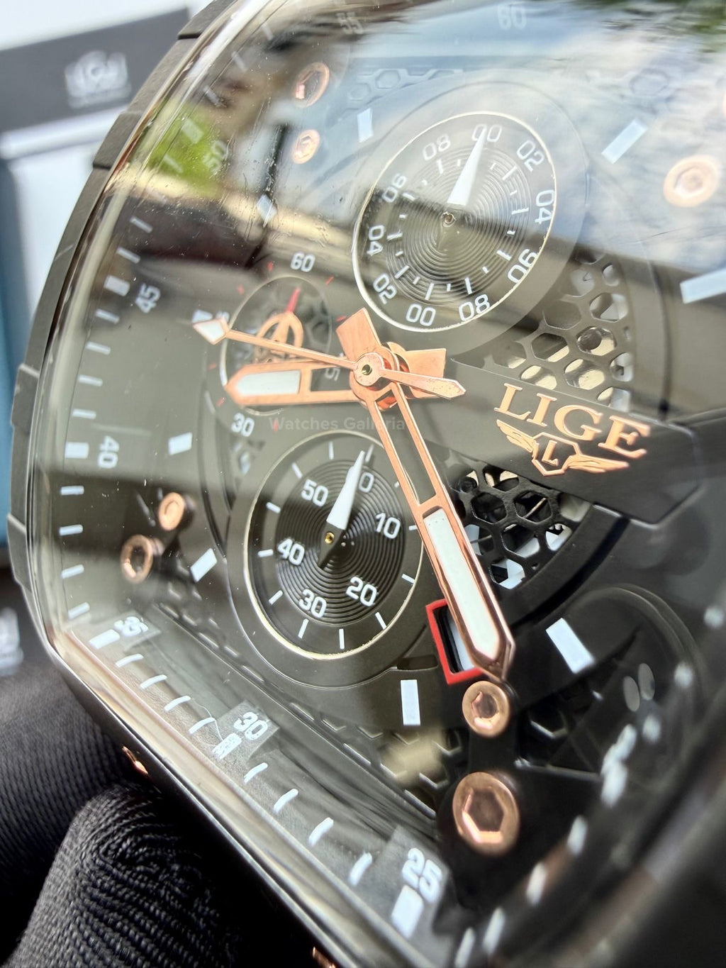 LIGE LG89148 Tonneau Chronograph Watch in Pakistan – Black Rose Gold Luxury Men’s Quartz Watch with Silicon Strap