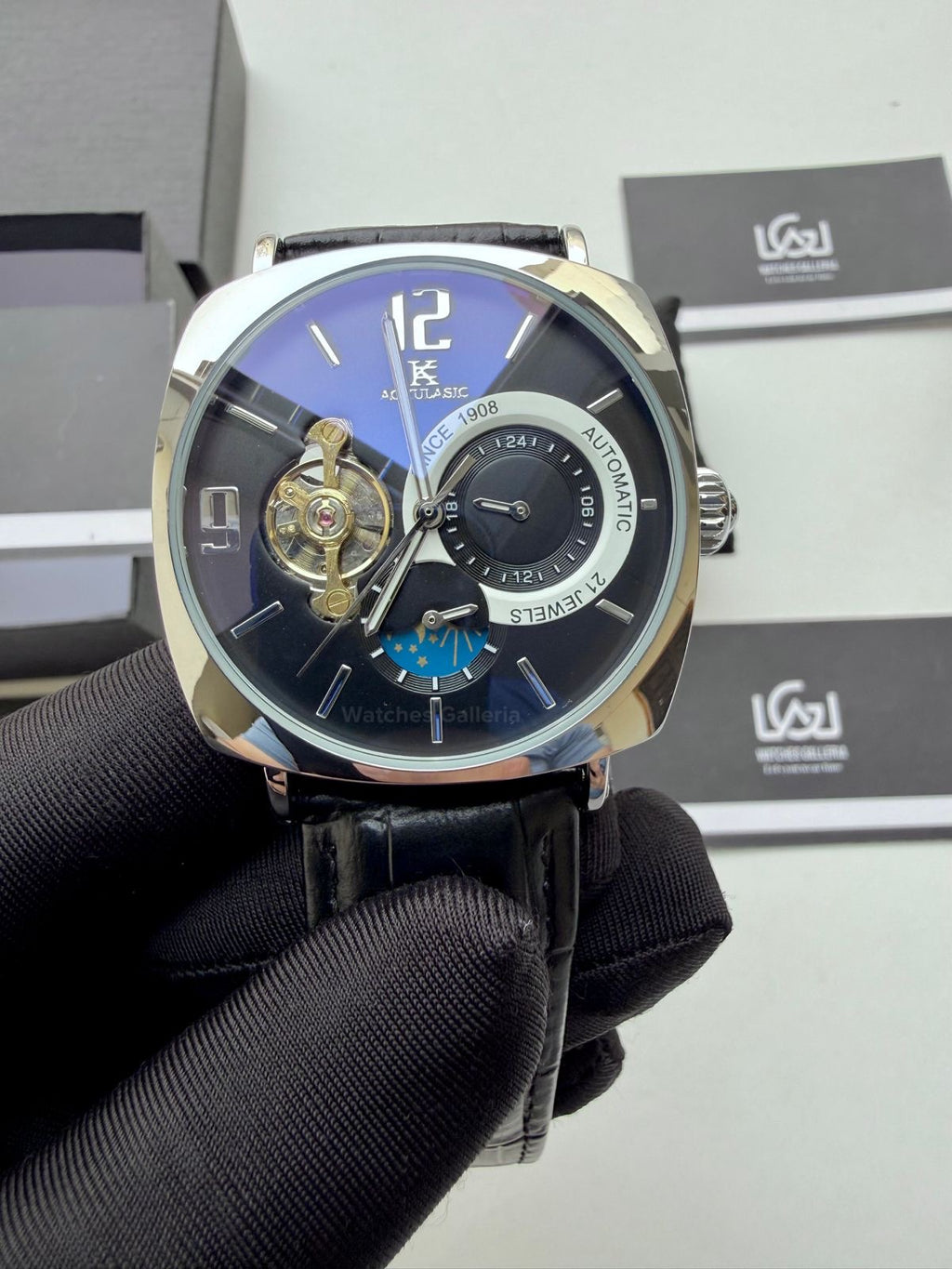 Aokulasic Watch AOKU0001 Moonphase Flywheel (Black Silver) Aokulasic Watch in Pakistan