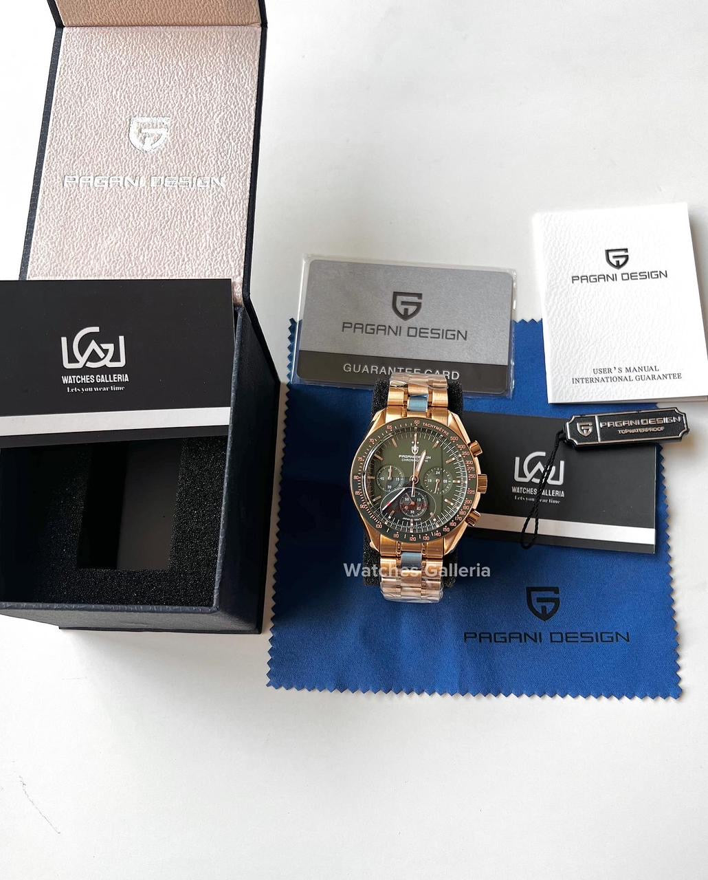 Pagani Design SpeedMaster MoonWatch Quartz (R.Gold/Green) PD1701 “DISCONTINUED”