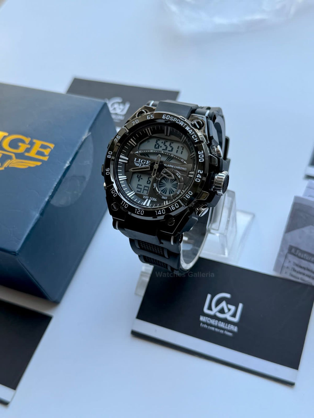 Lige 8922 Sports Watch Black 45mm Dual Display Analog Digital LED Alarm Waterproof 50M Silicone Strap Men’s Watch