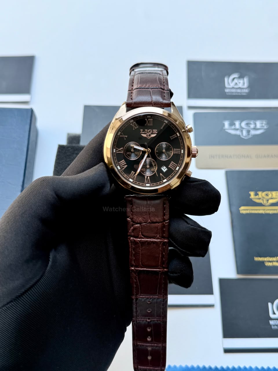 Lige 9852 Chronograph Watch for Men Brown Rose Gold Leather Strap Original Lige Watch in Pakistan