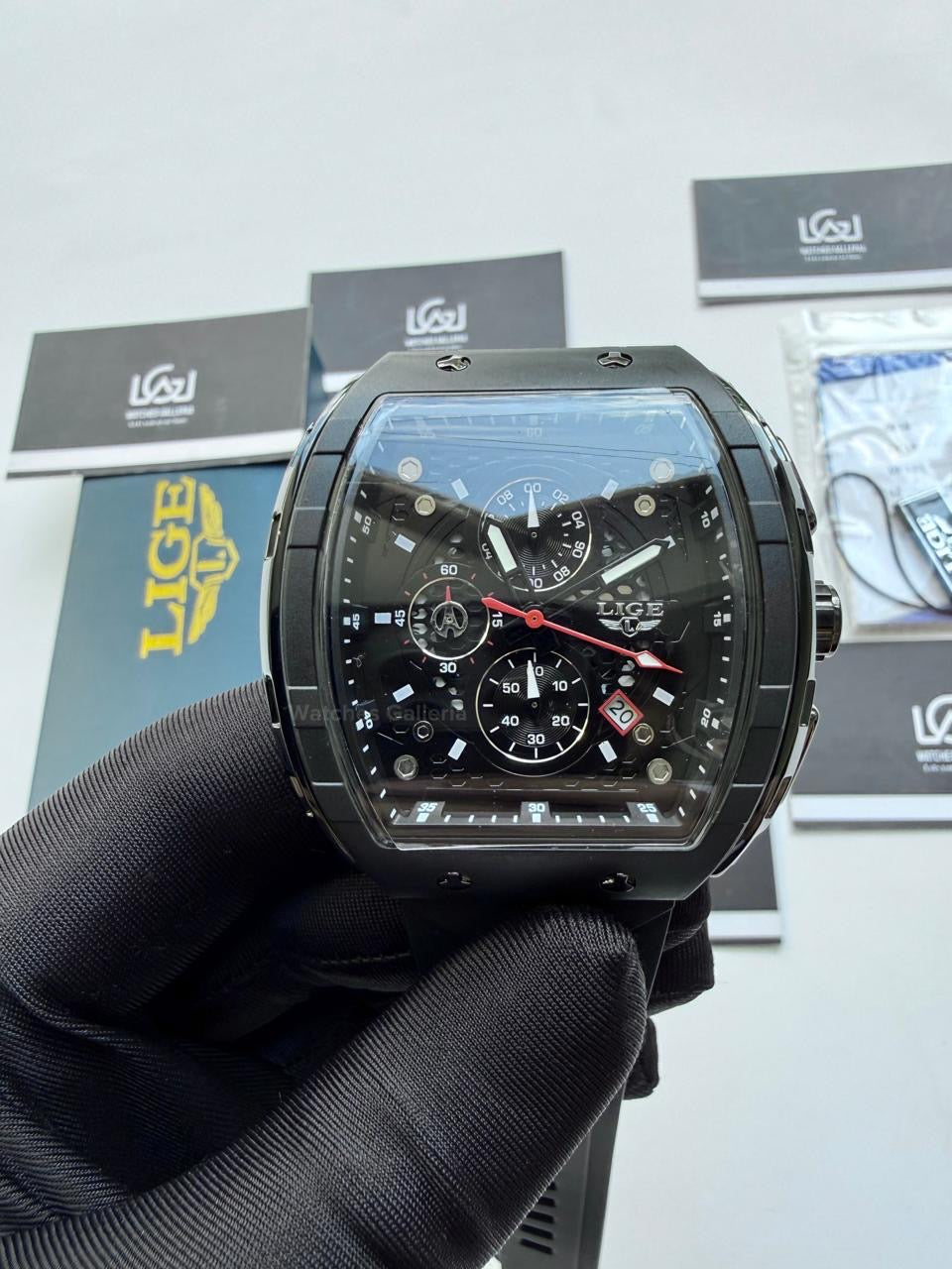 LIGE LG89148 Black Tonneau Chronograph Watch in Pakistan – Luxury Men’s Quartz Watch with Silicon Strap