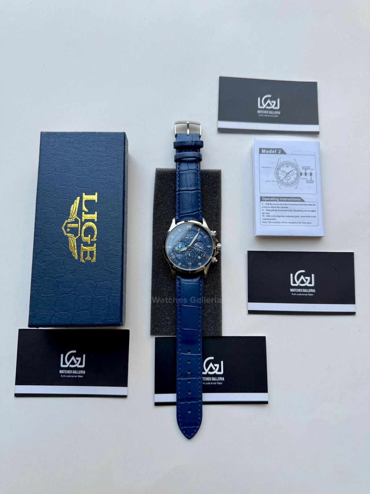 Lige Watch LG89107 Moonphase Chronograph (Blue/Silver) Lige Watch in Pakistan