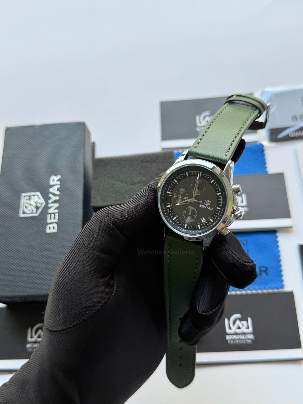 Benyar BY5210 (Grey Green) Pilot Chronograph Green Dial Stainless Steel Watch – 42mm Quartz Chronograph with Date, Complete Calendar & Stopwatch
