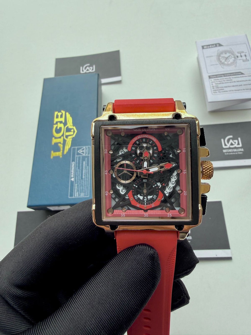 Lige Watch LG8935 Square Chronograph (Red) Lige Watch Pakistan