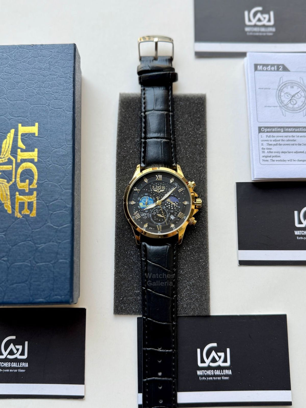 Lige Watch LG89107 Moonphase Chronograph (Black/Gold) Lige Watch in Pakistan