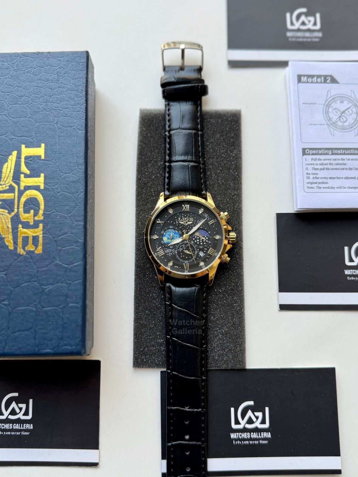 Lige Watch LG89107 Moonphase Chronograph (Black/Gold) Lige Watch in Pakistan