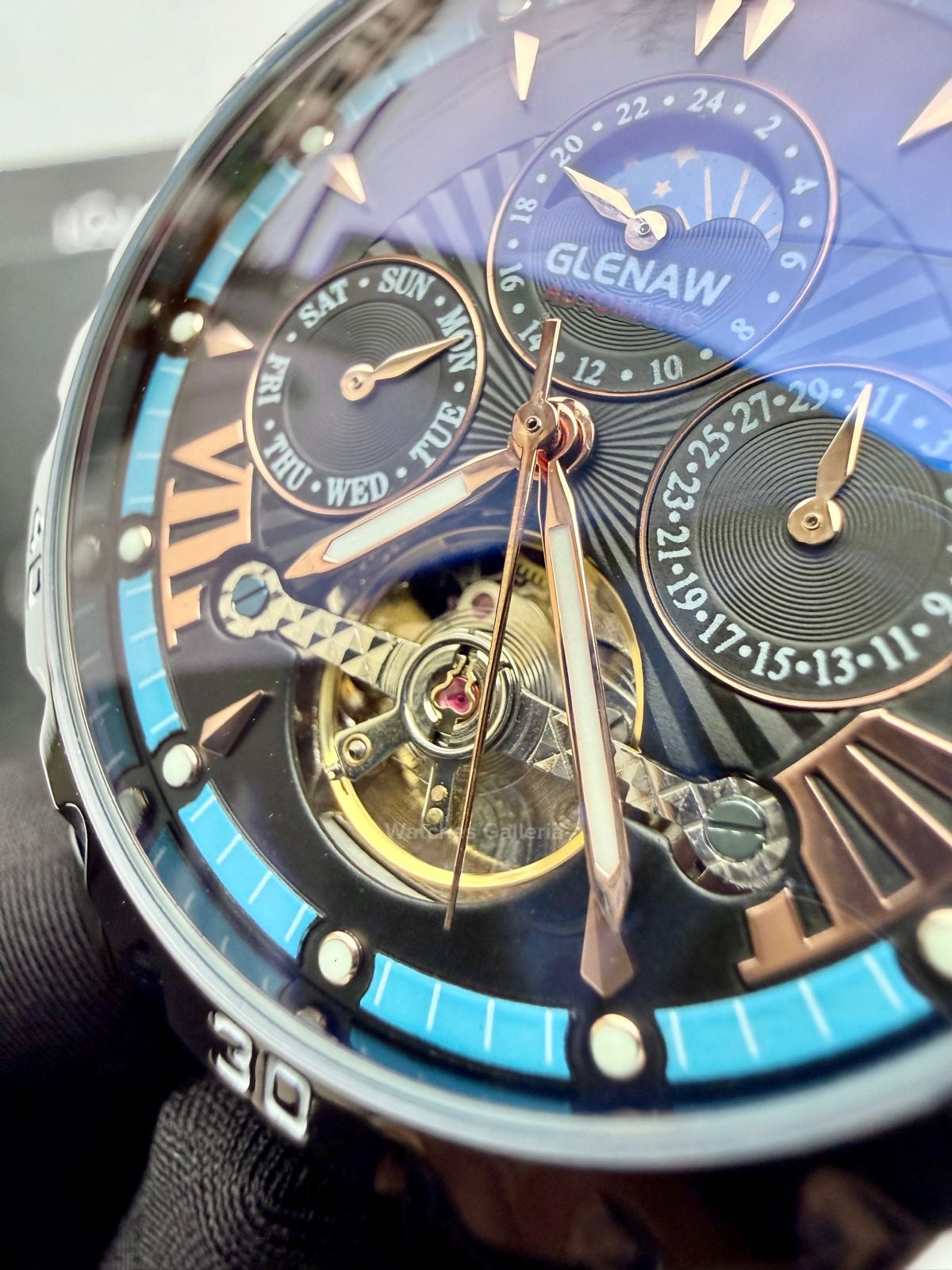 Glenaw GL8919B Moonphase Flywheel Automatic Watch – Black Blue Dial | Luxury Automatic Wristwatch for Men | Glenaw Watches in Pakistan