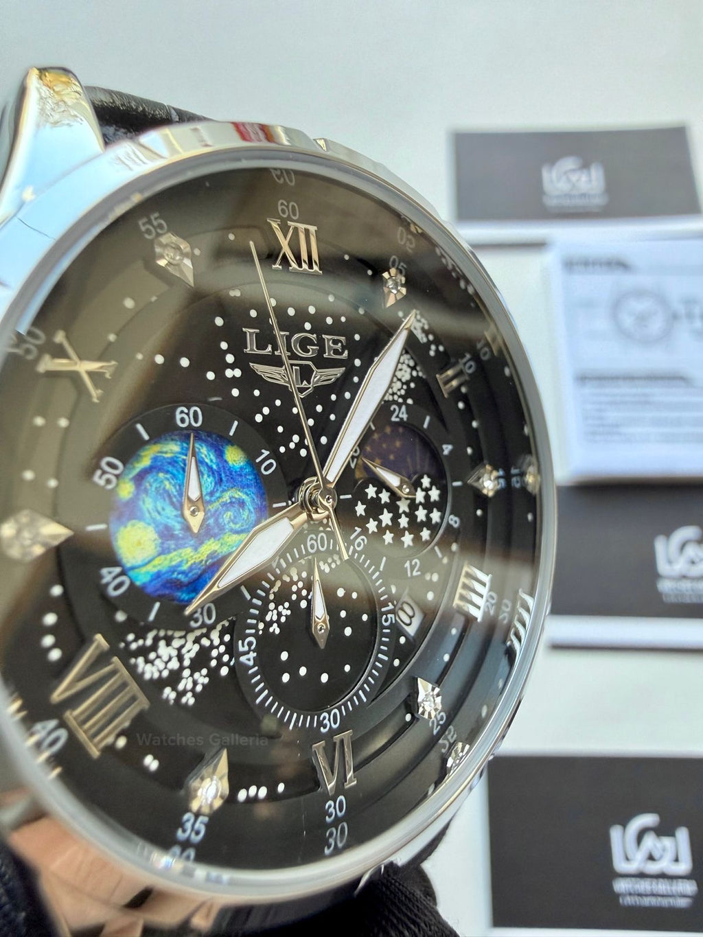 Lige Watch LG89107 Moonphase Chronograph (Black/Silver) Lige Watch in Pakistan