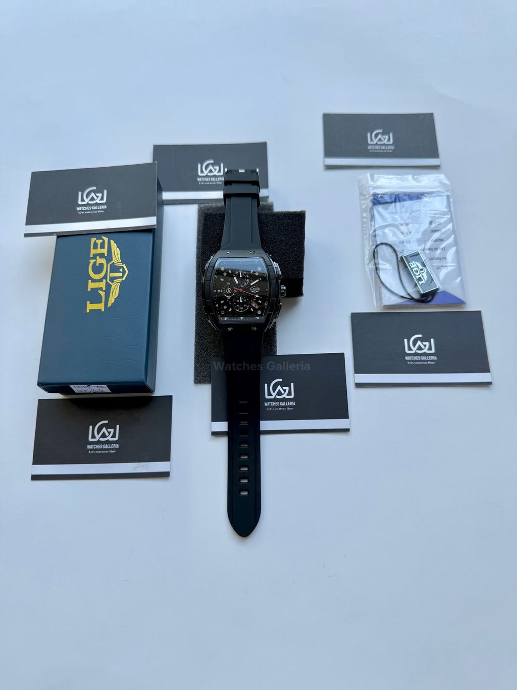 LIGE LG89148 Black Tonneau Chronograph Watch in Pakistan – Luxury Men’s Quartz Watch with Silicon Strap