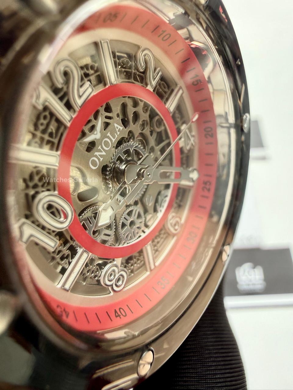 Onola ON3836 Oak Skeleton Red Black Automatic Watch – 49mm Transparent Dial, Bold Sport Design, Pakistan Edition