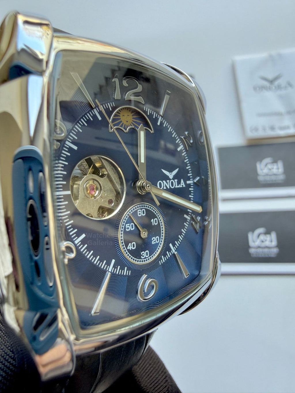 Onola 6848 Square Moonphase Open heart Automatic (Blue) Onola Watch in Pakistan