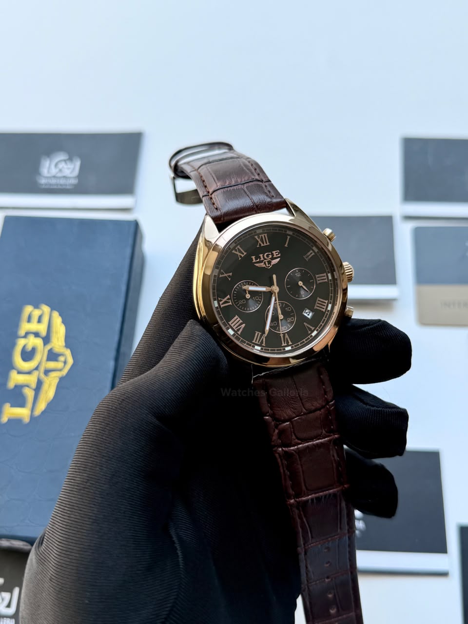 Lige 9852 Chronograph Watch for Men Brown Rose Gold Leather Strap Original Lige Watch in Pakistan