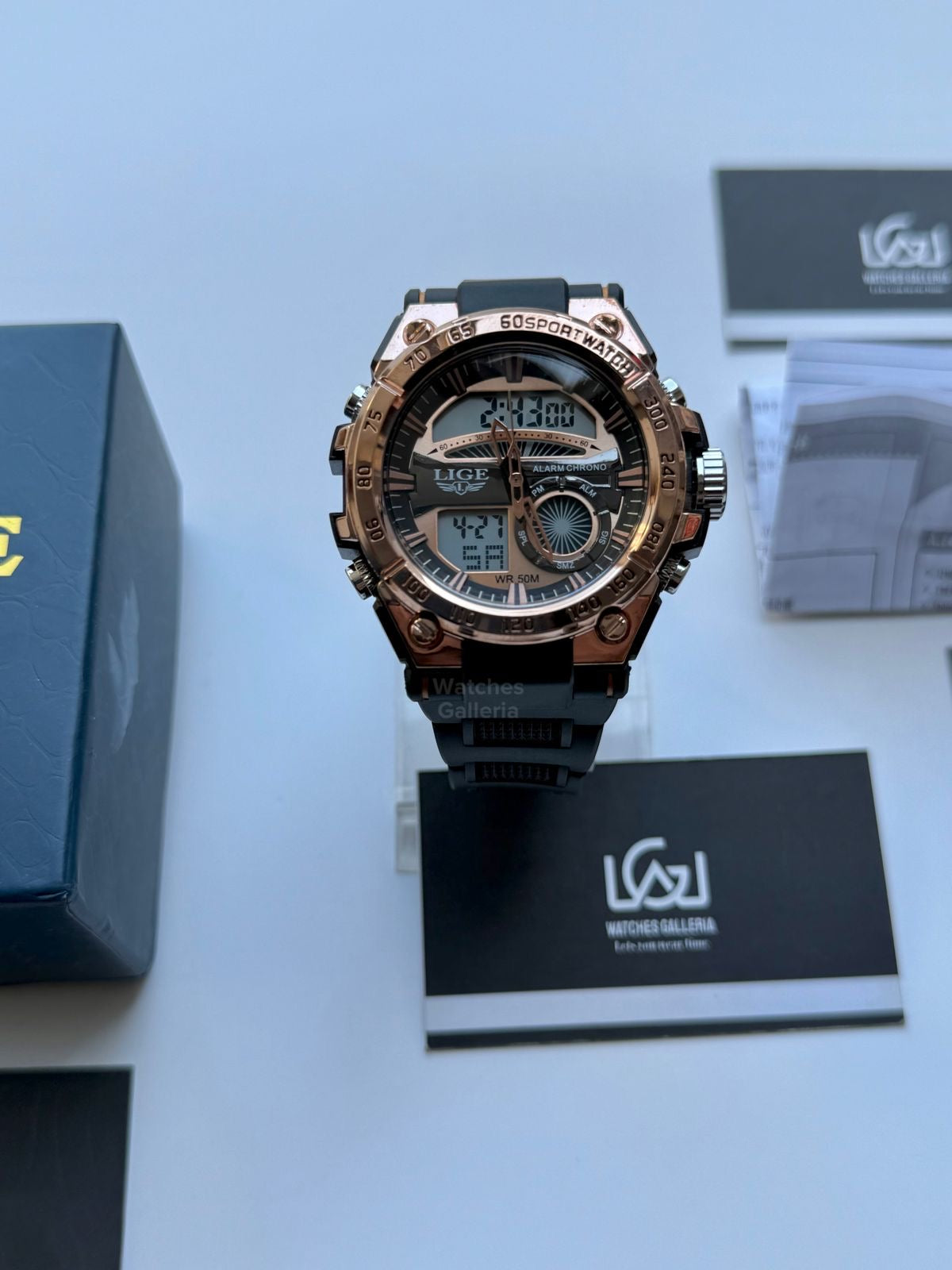 Lige 8922 Sports Watch Rose Gold Black 45mm Dual Display Analog Digital LED Alarm Waterproof 50M Silicone Strap Men’s Watch
