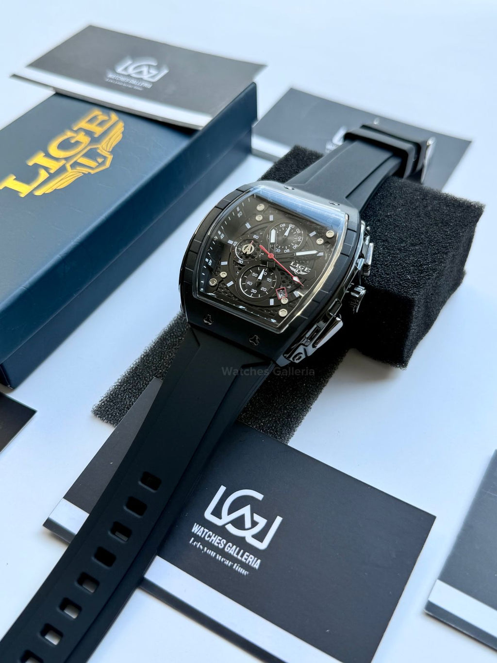 LIGE LG89148 Black Tonneau Chronograph Watch in Pakistan – Luxury Men’s Quartz Watch with Silicon Strap