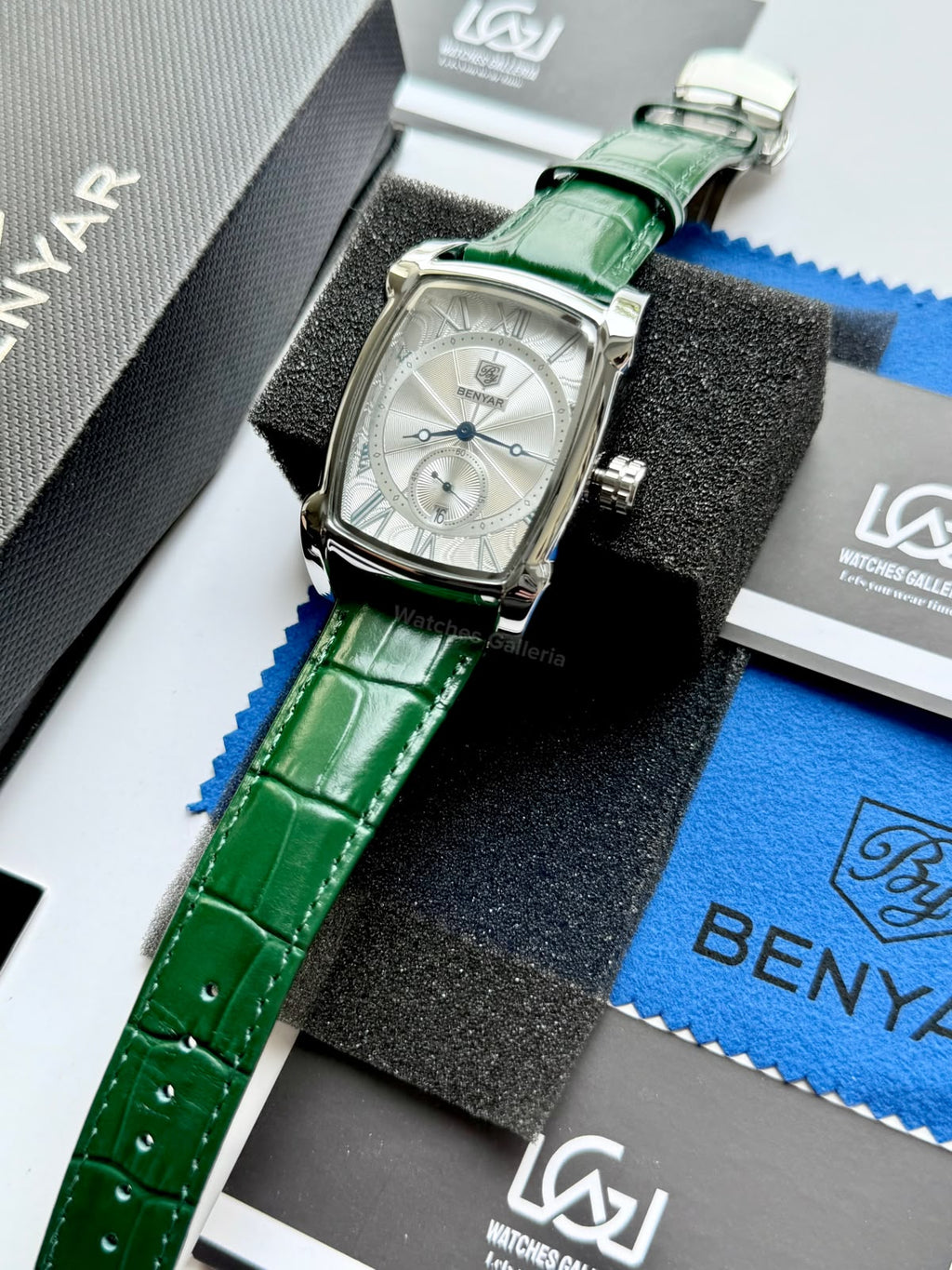 Benyar BY5114 Square Tank Watch | Green Silver White | Roman Numeral Dial Master Lock Quartz Date Calendar Leather Strap