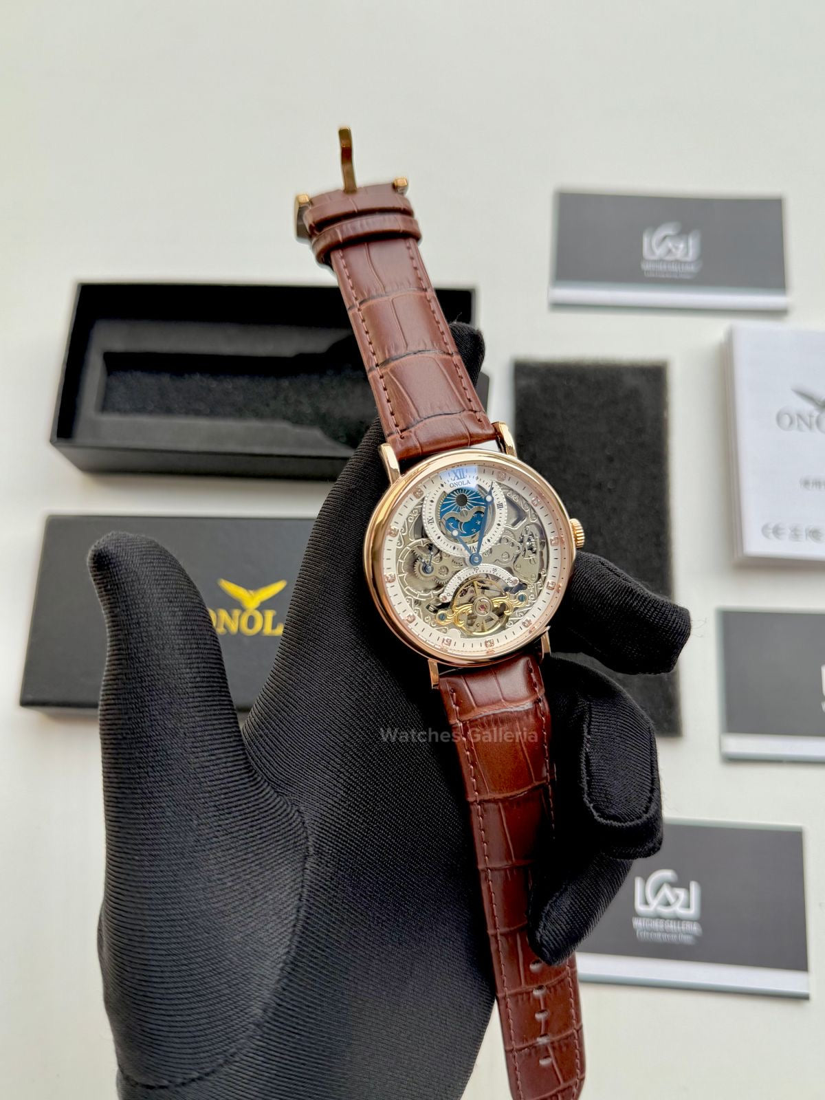 Onola Moonphase Flywheel Skeleton Watch Automatic (Brown-Rose Gold) ON6836 Watches Galleria