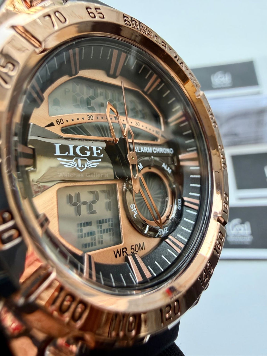 Lige 8922 Sports Watch Rose Gold Black 45mm Dual Display Analog Digital LED Alarm Waterproof 50M Silicone Strap Men’s Watch