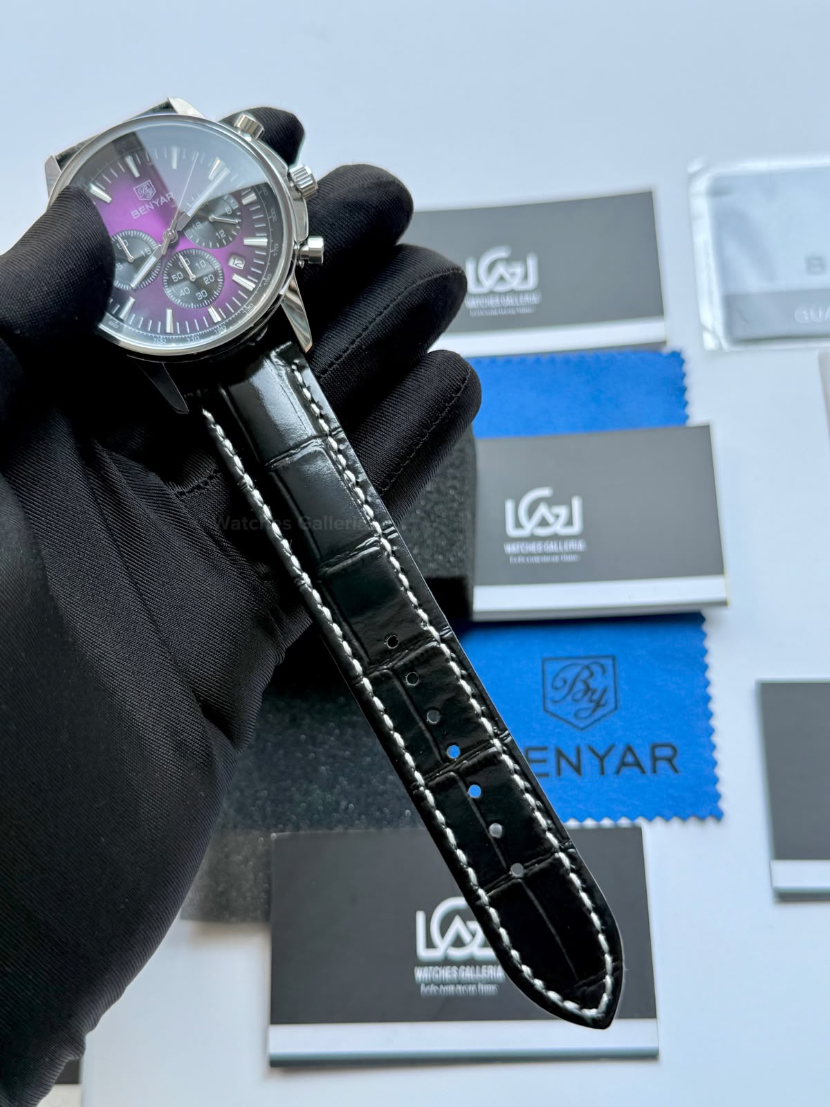 Benyar BY5213 Black Purple Men’s Luxury Quartz Leather Strap Watch – Waterproof Stainless Steel Analog Wrist Watch with Luminous Hands | Original Benyar Pakistan | Watches Galleria