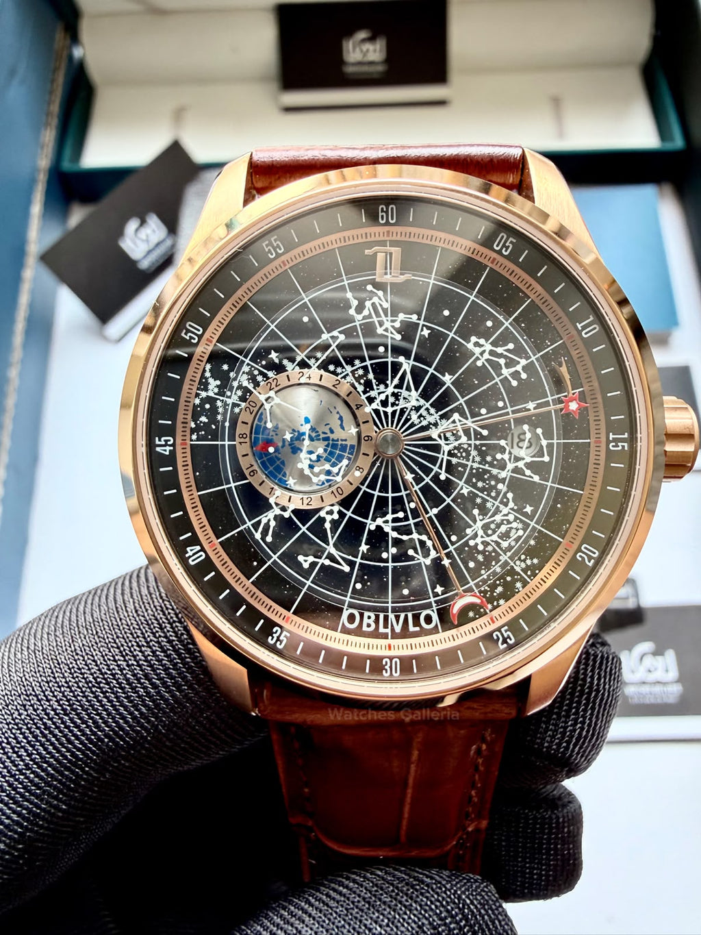 OBLVLO GC (Brown Rose Gold Black) Grand Complications Celestial Automatic Watch Brown & Black Dial with Rose Gold Details, Moving Constellation & Earth Display – OBLVLOGC | Oblvlo