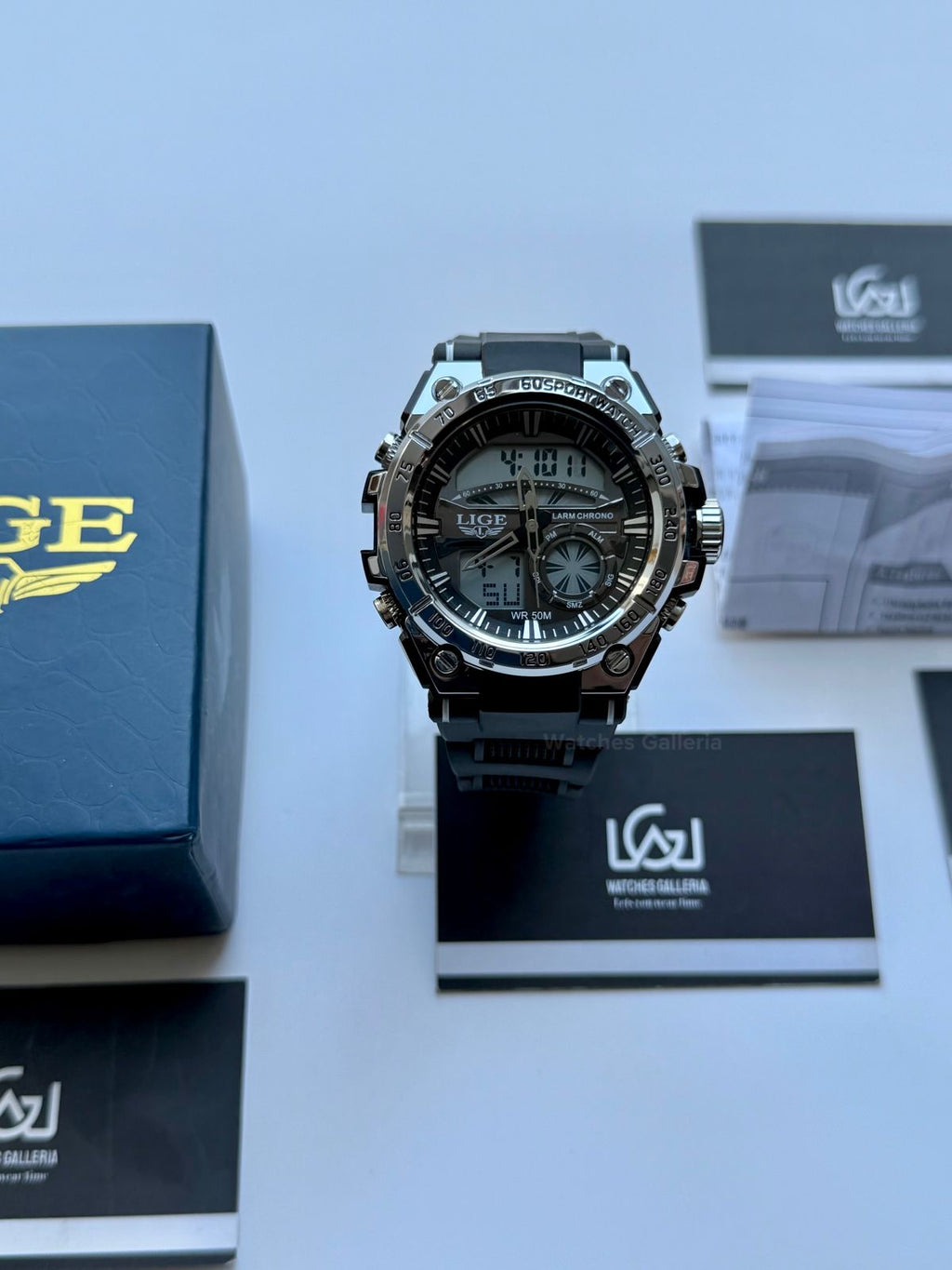 Lige 8922 Sports Watch Silver Black 45mm Dual Display Analog Digital LED Alarm Waterproof 50M Silicone Strap Men’s Watch