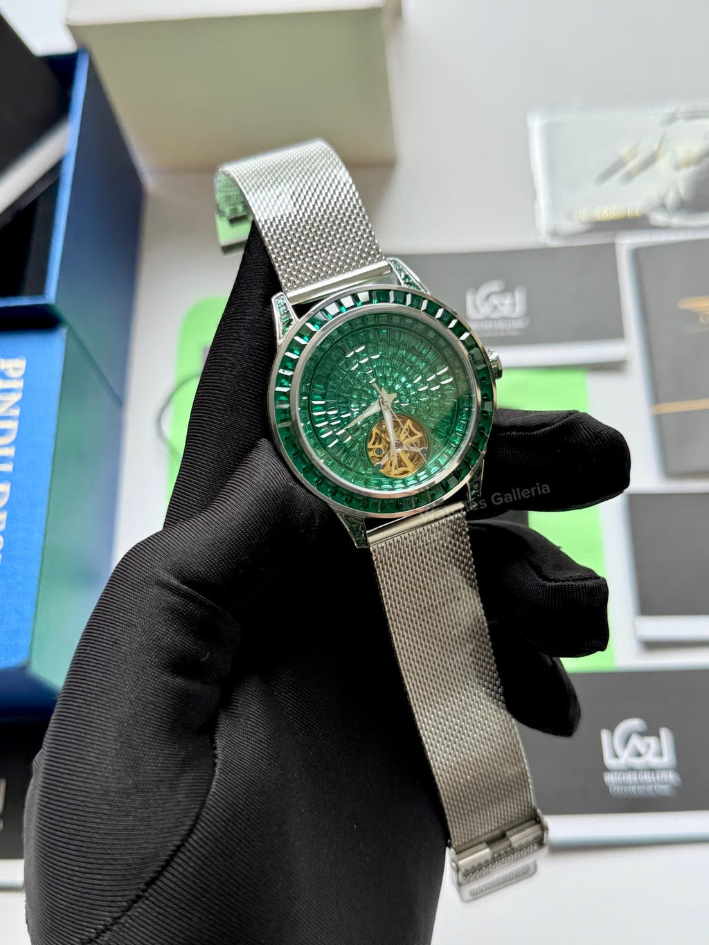 Pindu 5037 Green/Mesh Strap LeatherDiamonds Hand Encrusted Diamond Automatic Tourbillon Watch for Men | Luxury Mechanical Watch | 43mm Stainless Steel Case