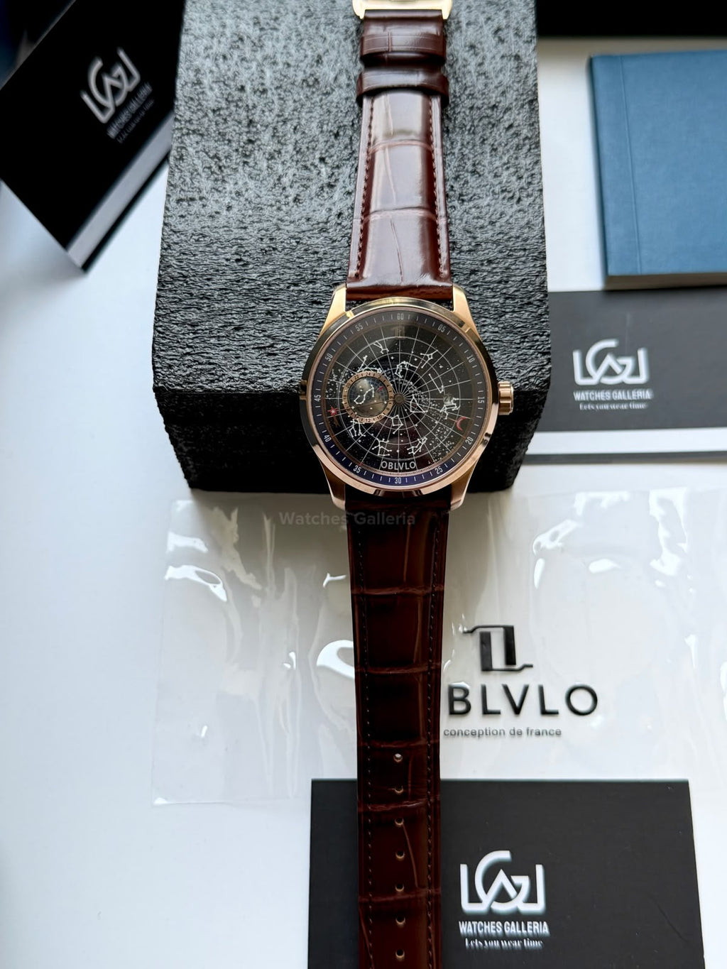 OBLVLO GC (Brown Rose Gold Blue) Grand Complications Celestial Automatic Watch Brown & Black Dial with Rose Gold Details, Moving Constellation & Earth Display – OBLVLOGC | Oblvlo