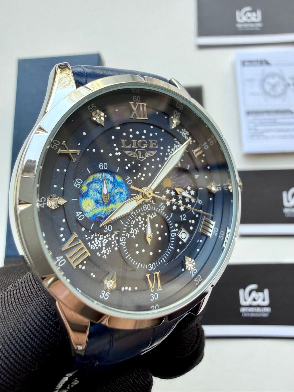 Lige Watch LG89107 Moonphase Chronograph (Blue/Silver) Lige Watch in Pakistan