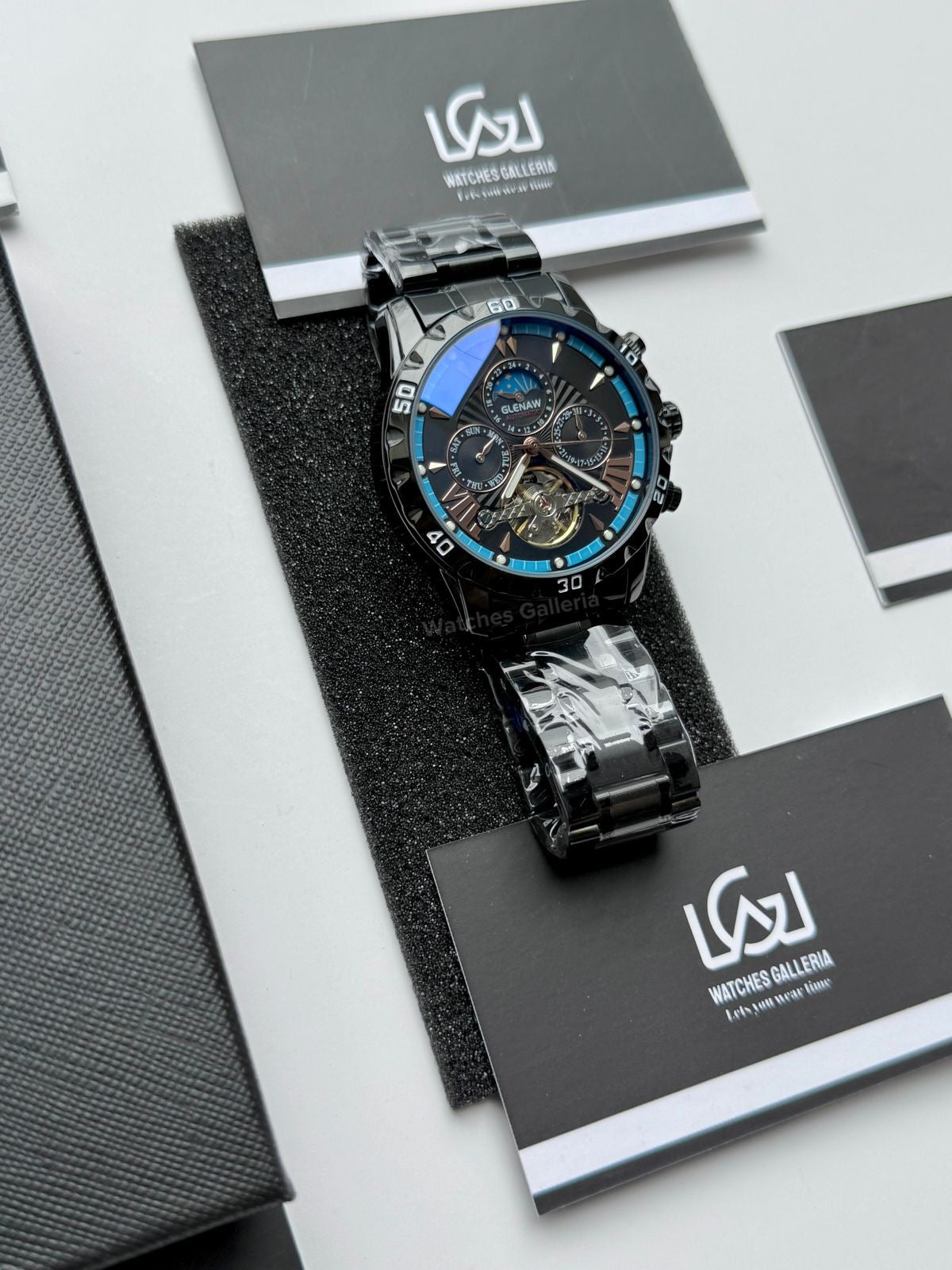 Glenaw GL8919B Moonphase Flywheel Automatic Watch – Black Blue Dial | Luxury Automatic Wristwatch for Men | Glenaw Watches in Pakistan
