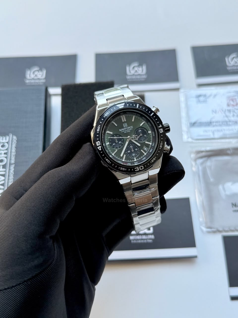 Naviforce NF8049 Watch Pakistan | Naviforce Men Watch | Naviforce Chain Watch | Silver Green Chronograph Watch