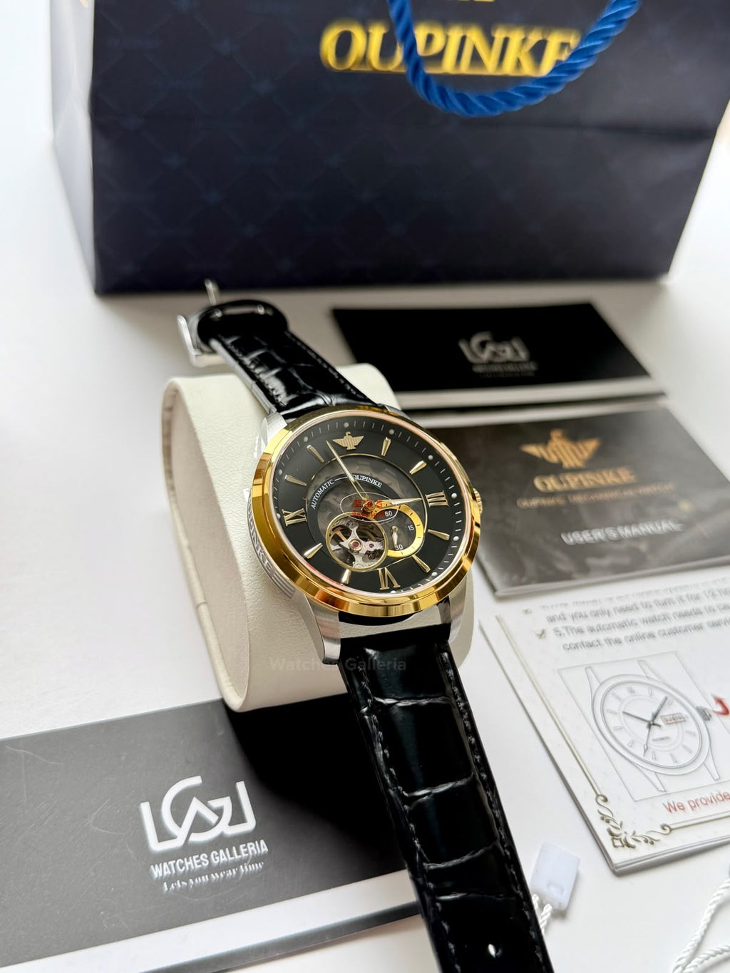 Oupinke G3190 (Black Leather) Open Heart Automatic Watch with Miyota 8215 Japanese Movement, Sapphire Crystal, Luminous Dial & Black Leather Strap