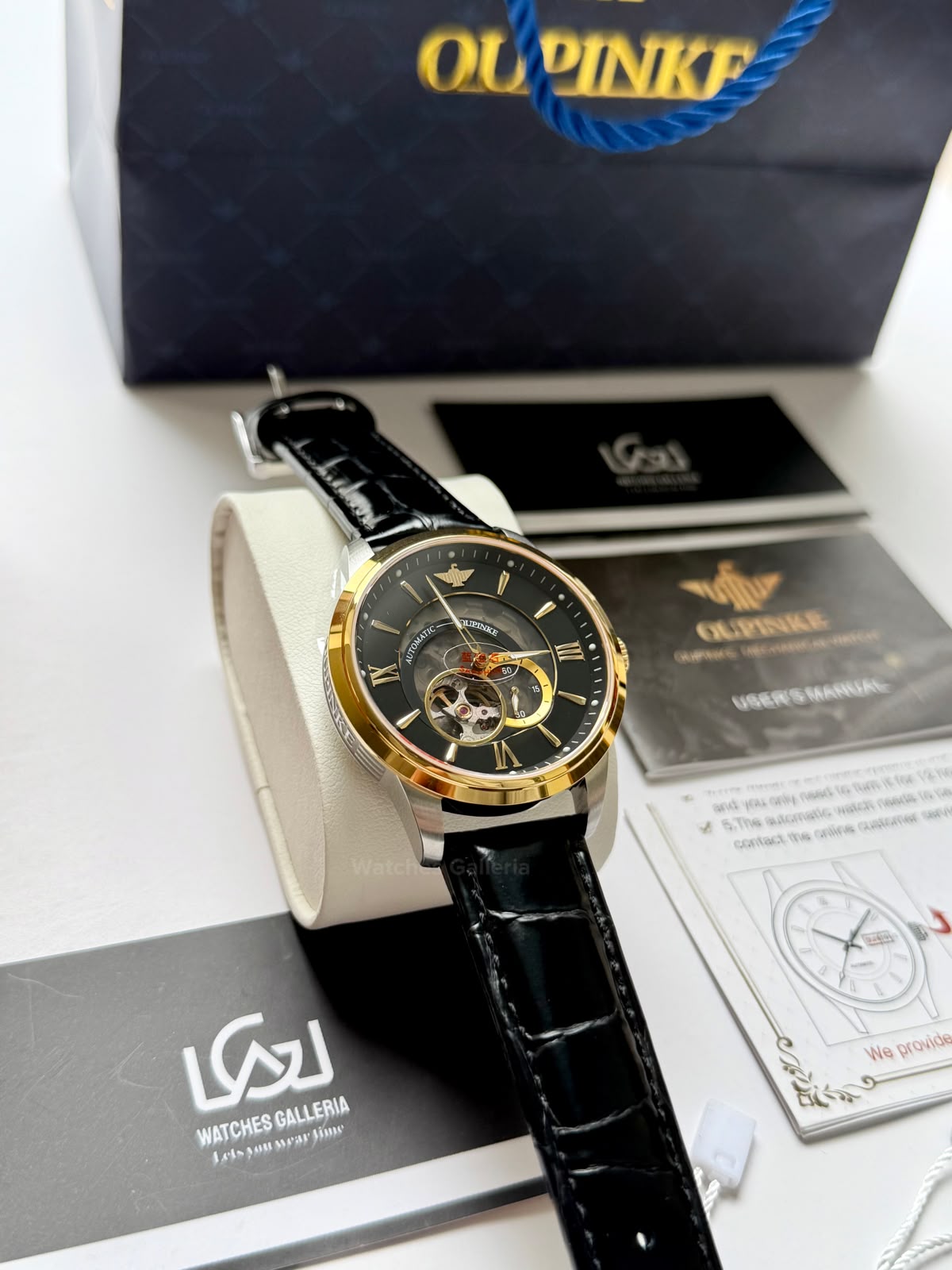 Oupinke G3190 (Black Leather) Open Heart Automatic Watch with Miyota 8215 Japanese Movement, Sapphire Crystal, Luminous Dial & Black Leather Strap
