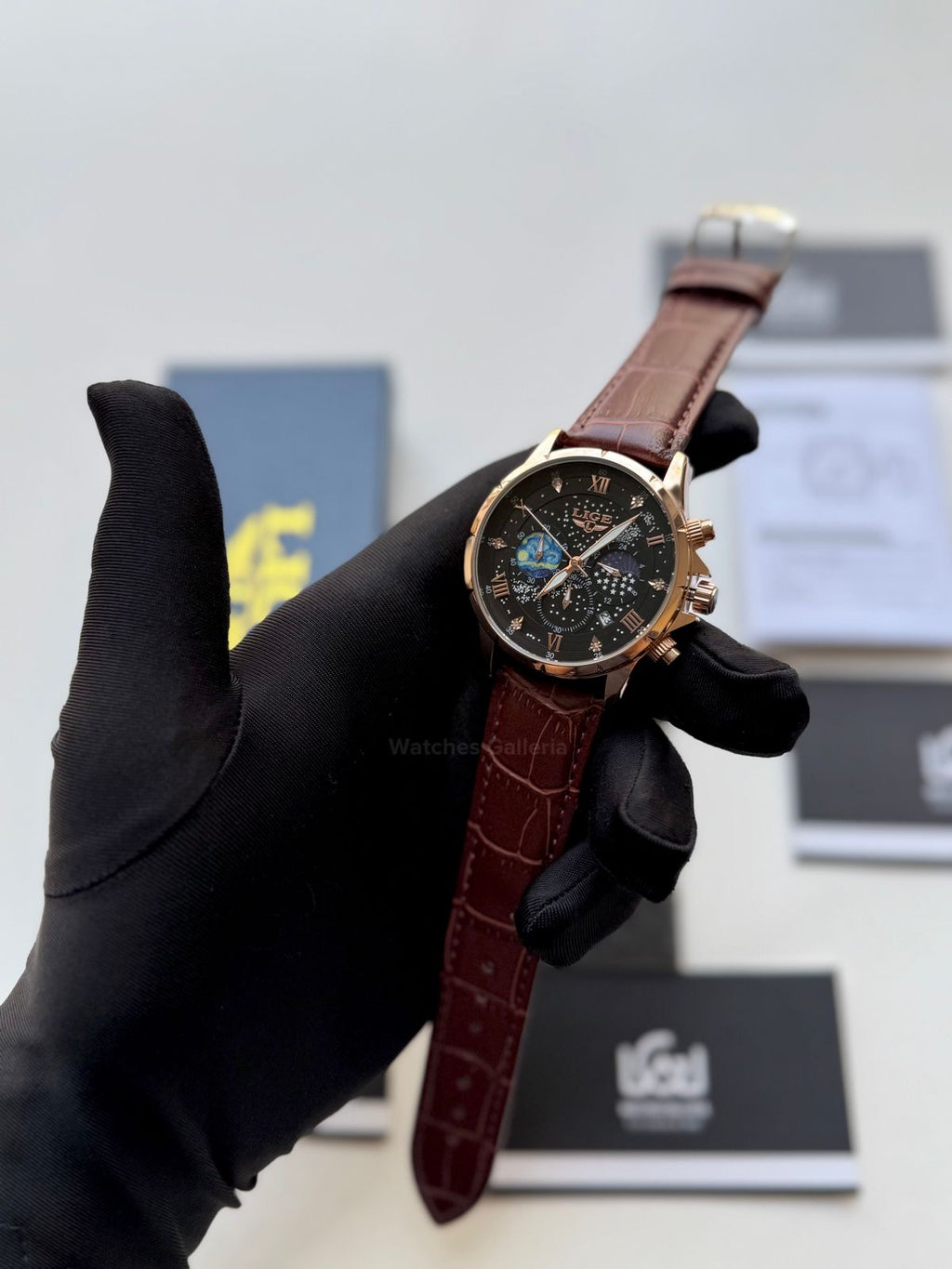 Lige Watch LG89107 Moonphase Chronograph (Brown/Black/Gold) Lige Watch in Pakistan