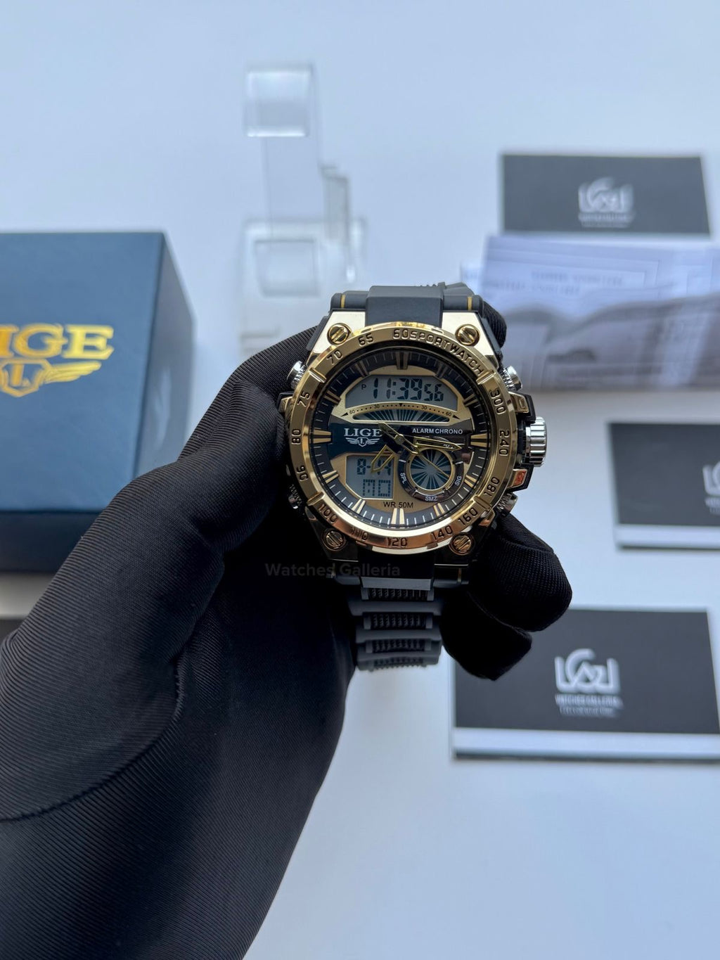 Lige 8922 Sports Watch Gold Black 45mm Dual Display Analog Digital LED Alarm Waterproof 50M Silicone Strap Men’s Watch